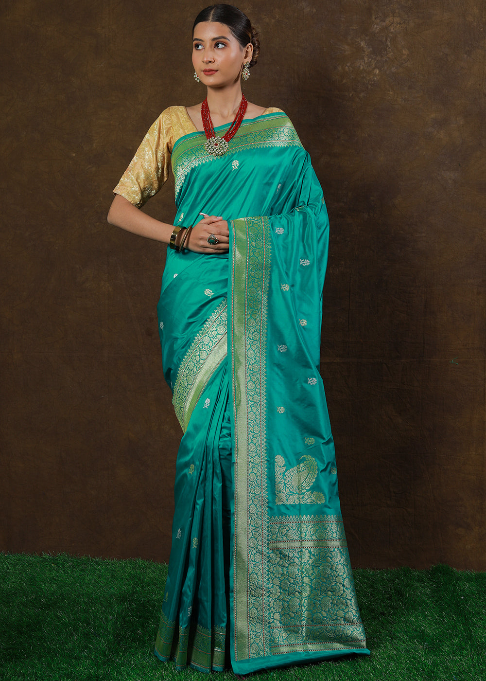 Puerto Rico Green Hand Woven Pure Katan Silk Saree