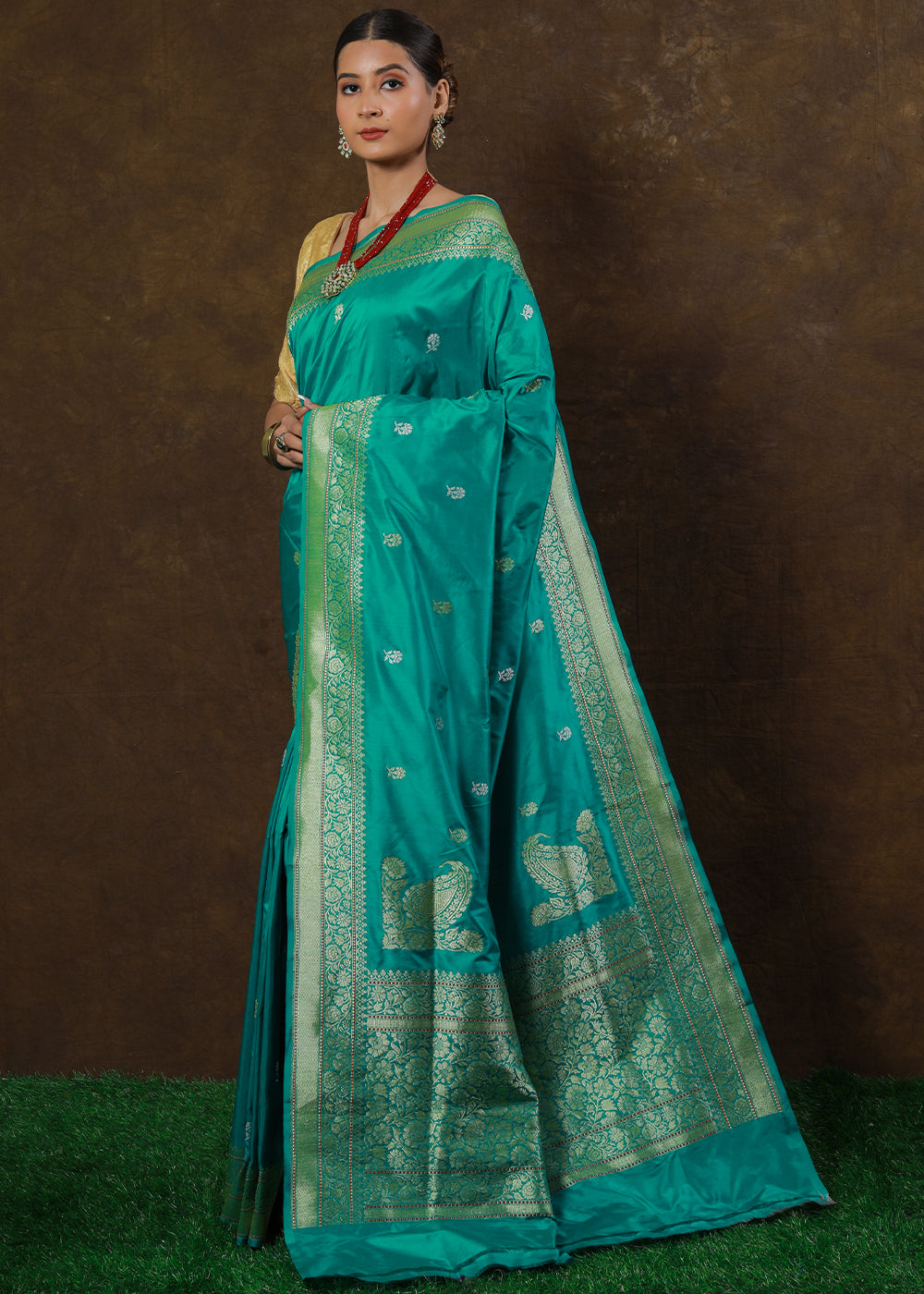 Puerto Rico Green Hand Woven Pure Katan Silk Saree