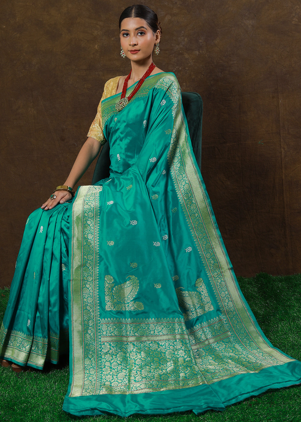 Puerto Rico Green Hand Woven Pure Katan Silk Saree