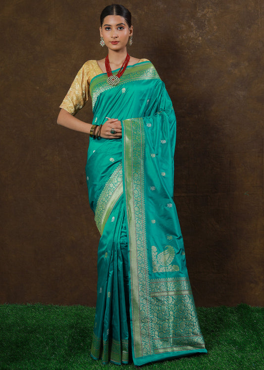 Puerto Rico Green Hand Woven Pure Katan Silk Saree