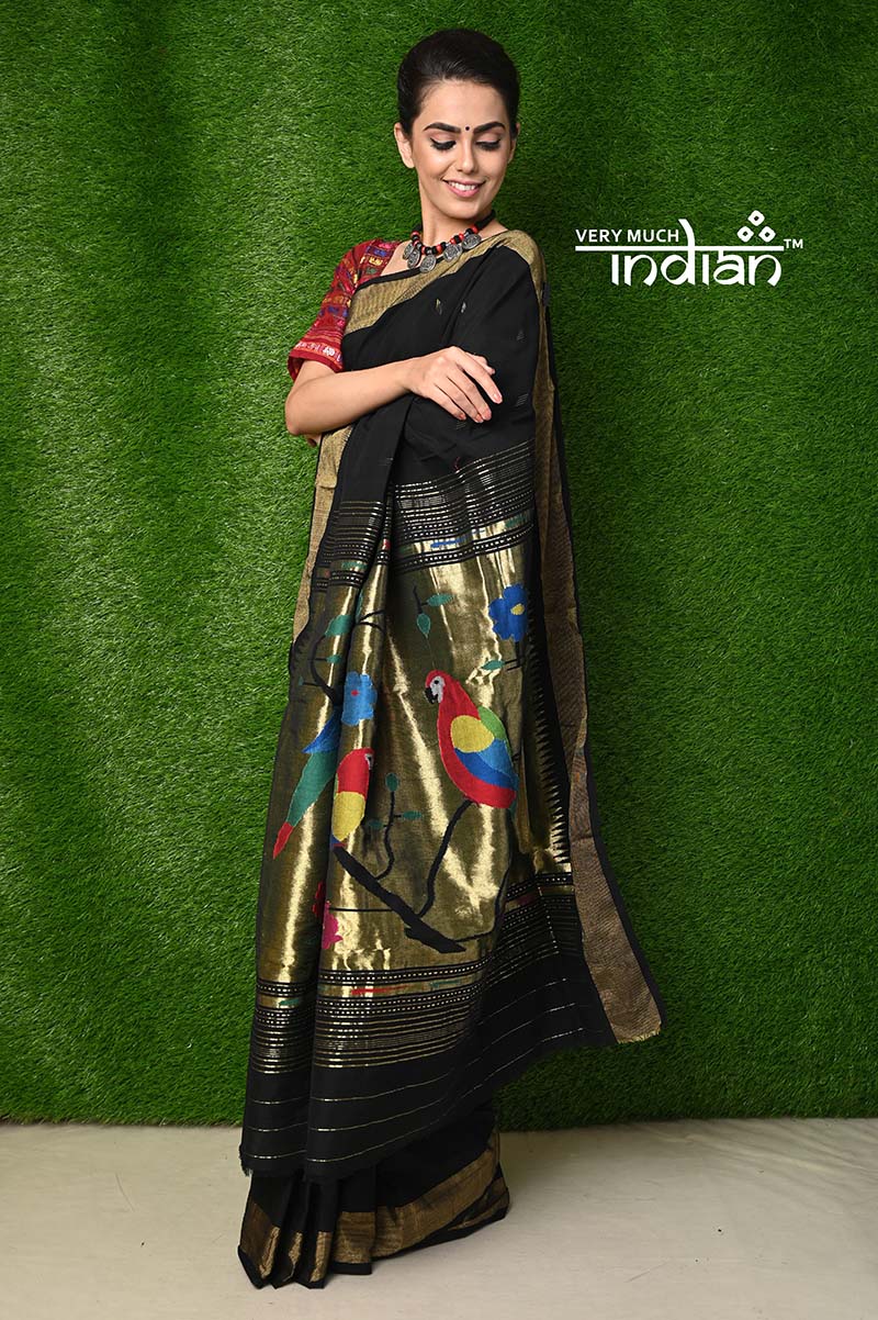 Exclusive Cotton Handloom Paithani - Black Colour with Designer 3 Parrots Pallu