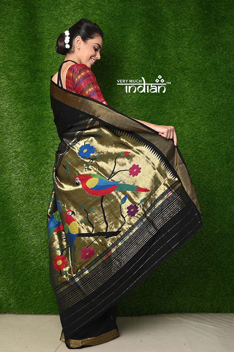 Exclusive Cotton Handloom Paithani - Black Colour with Designer 3 Parrots Pallu