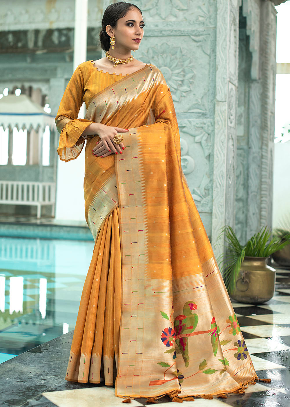 Mustard Yellow Zari Woven Tussar Silk Saree having Paithani Design Pallu