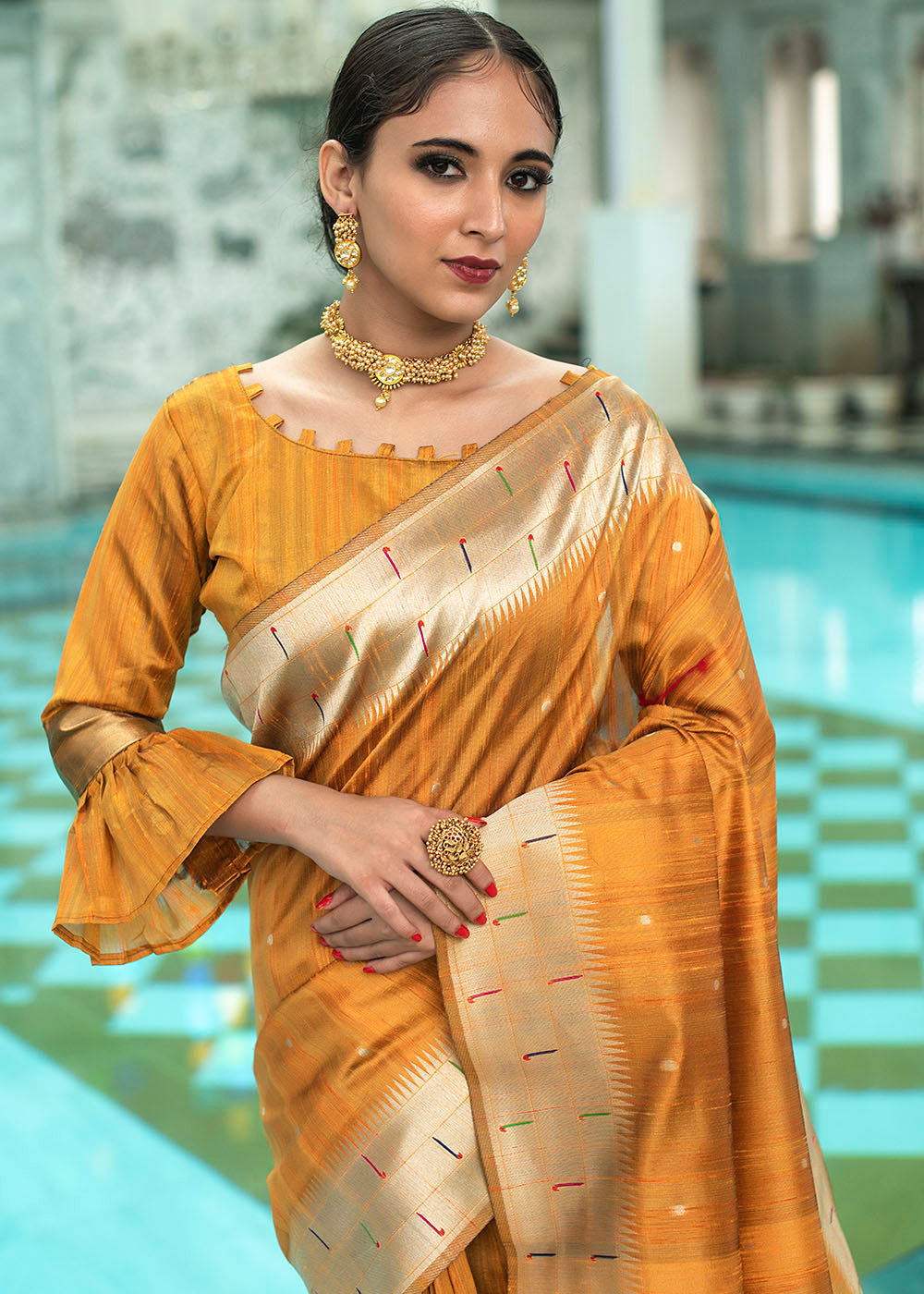 Mustard Yellow Zari Woven Tussar Silk Saree having Paithani Design Pallu