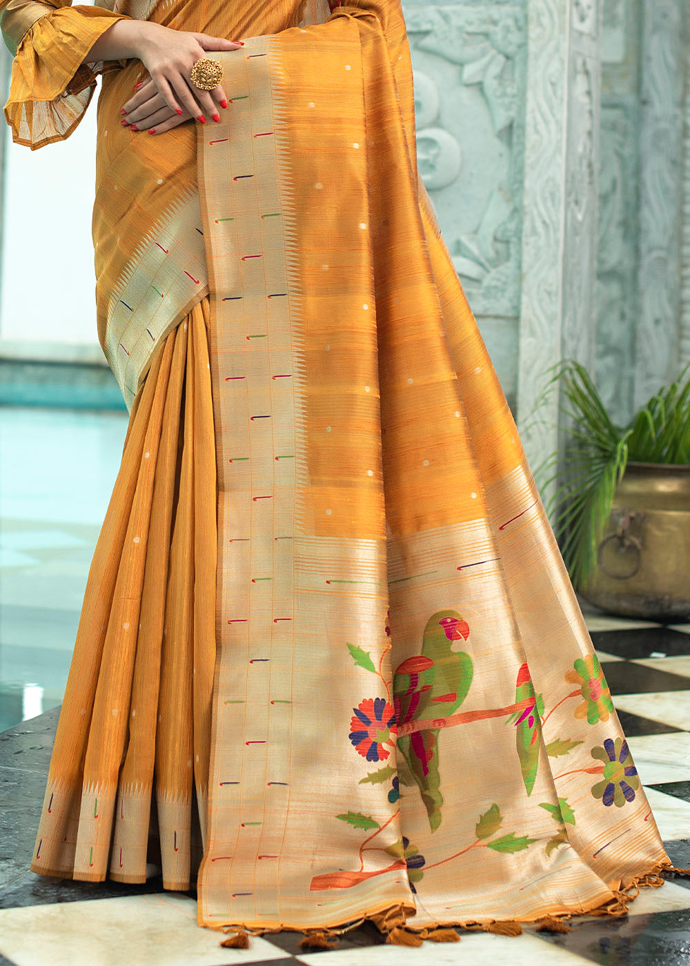 Mustard Yellow Zari Woven Tussar Silk Saree having Paithani Design Pallu