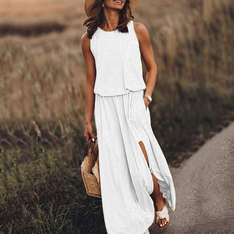 Round Neck Slit Long Dress