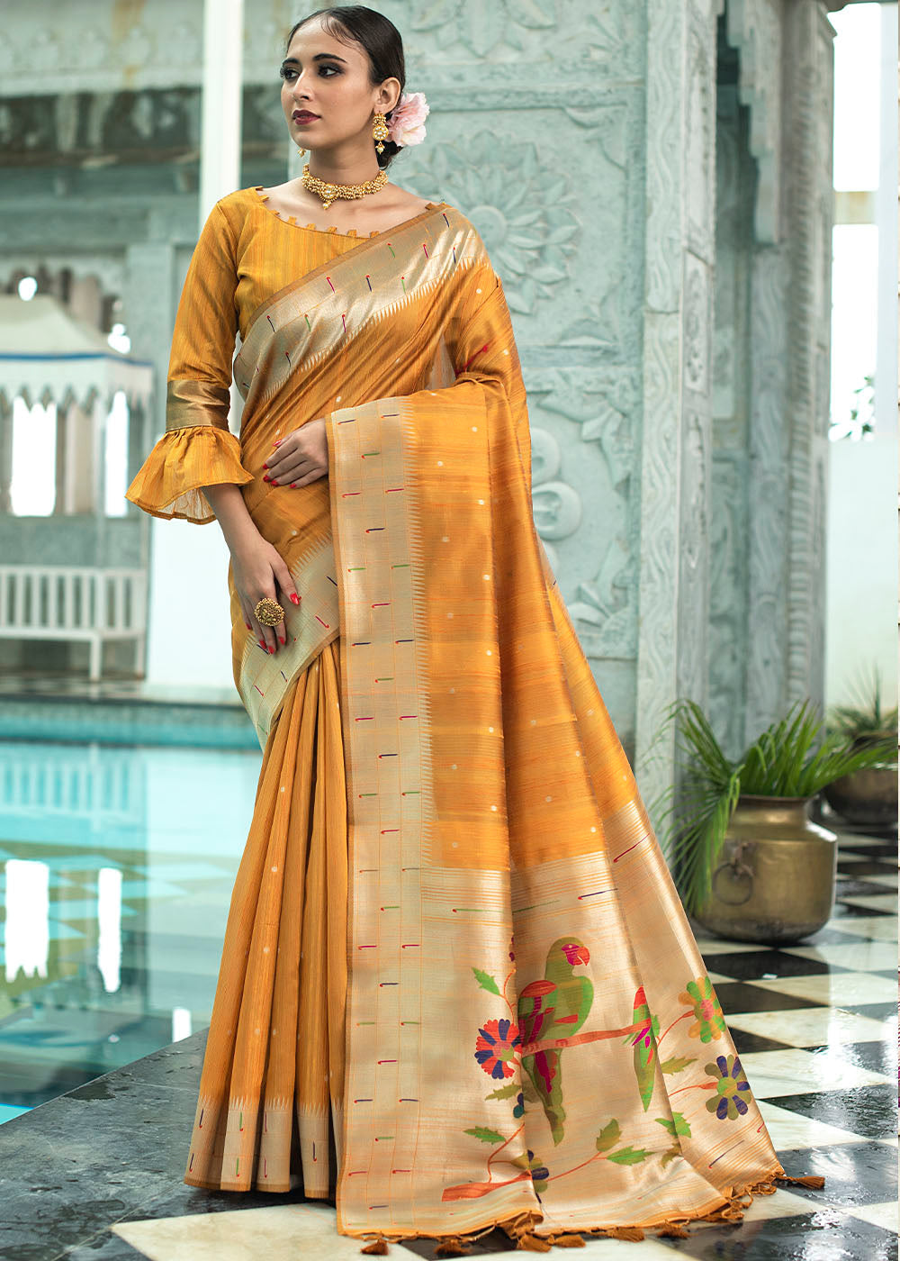 Mustard Yellow Zari Woven Tussar Silk Saree having Paithani Design Pallu