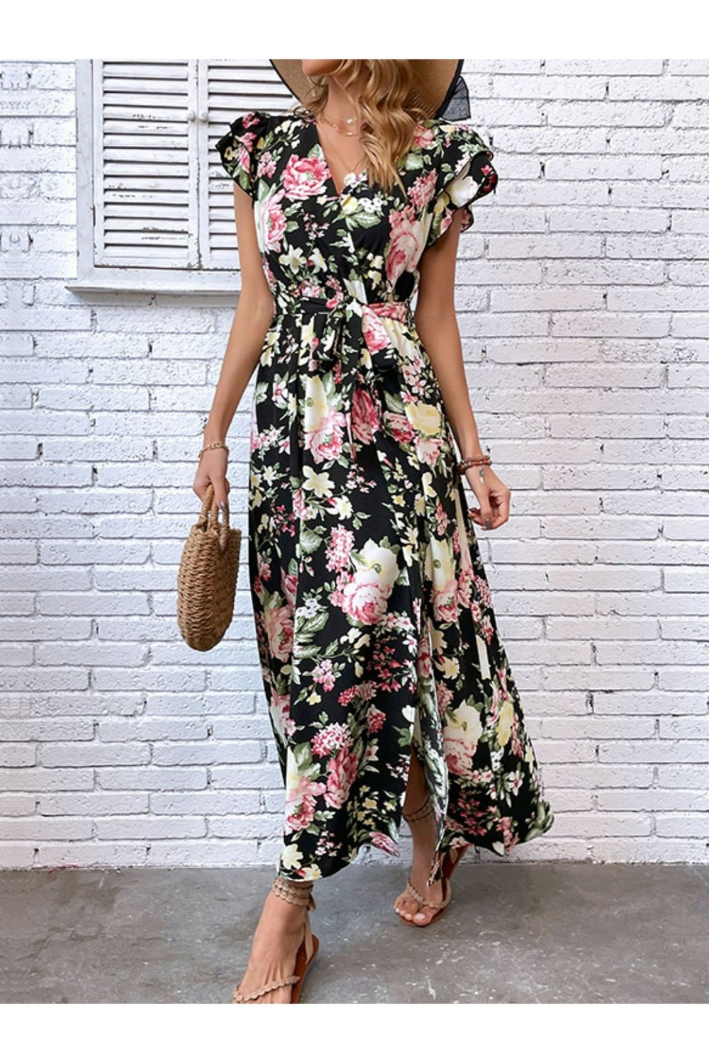 Floral Flutter Sleeve Tie-Waist Split Dress