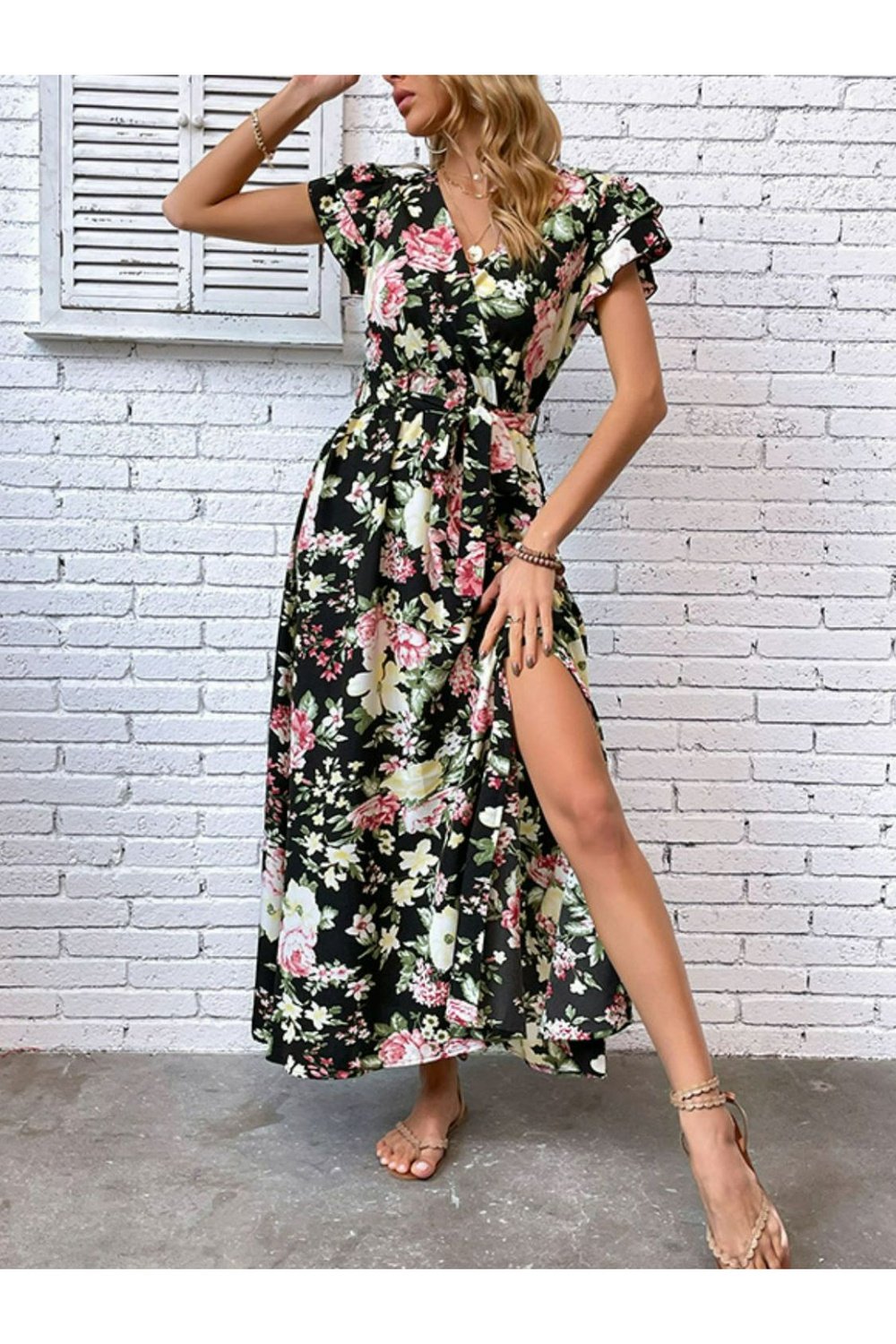 Floral Flutter Sleeve Tie-Waist Split Dress