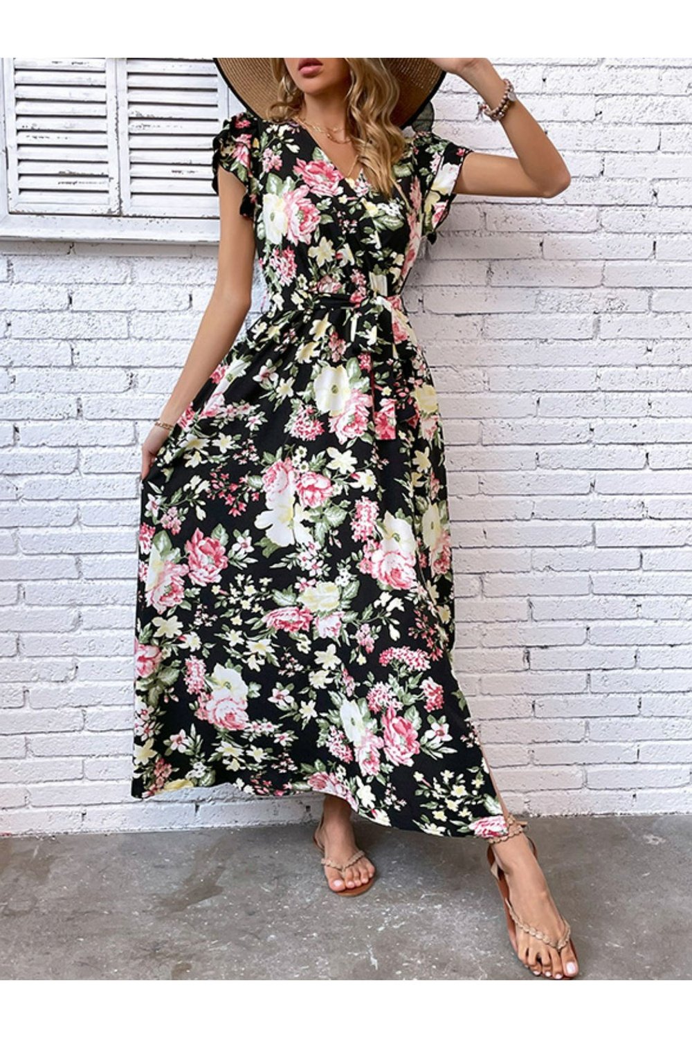 Floral Flutter Sleeve Tie-Waist Split Dress