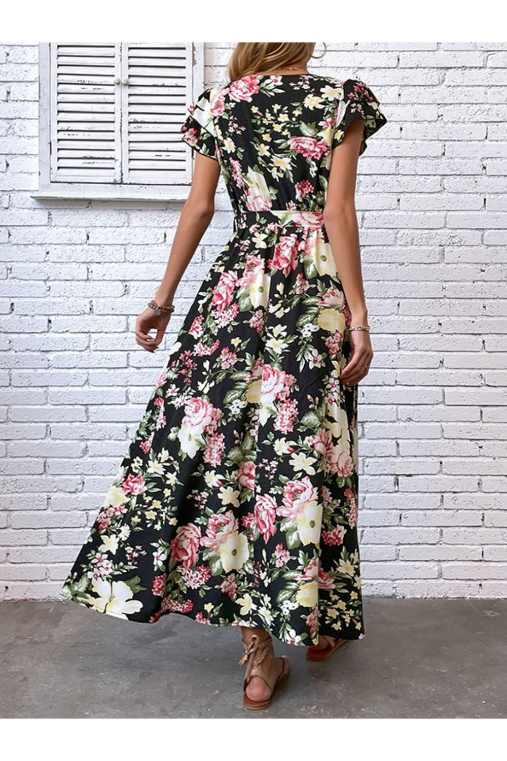 Floral Flutter Sleeve Tie-Waist Split Dress
