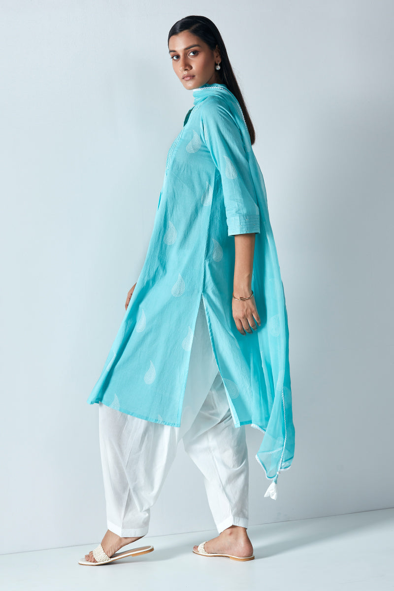 Premium Cotton Printed Kurta With Printed Chiffon Dupatta With Lace & Tassel Detailing