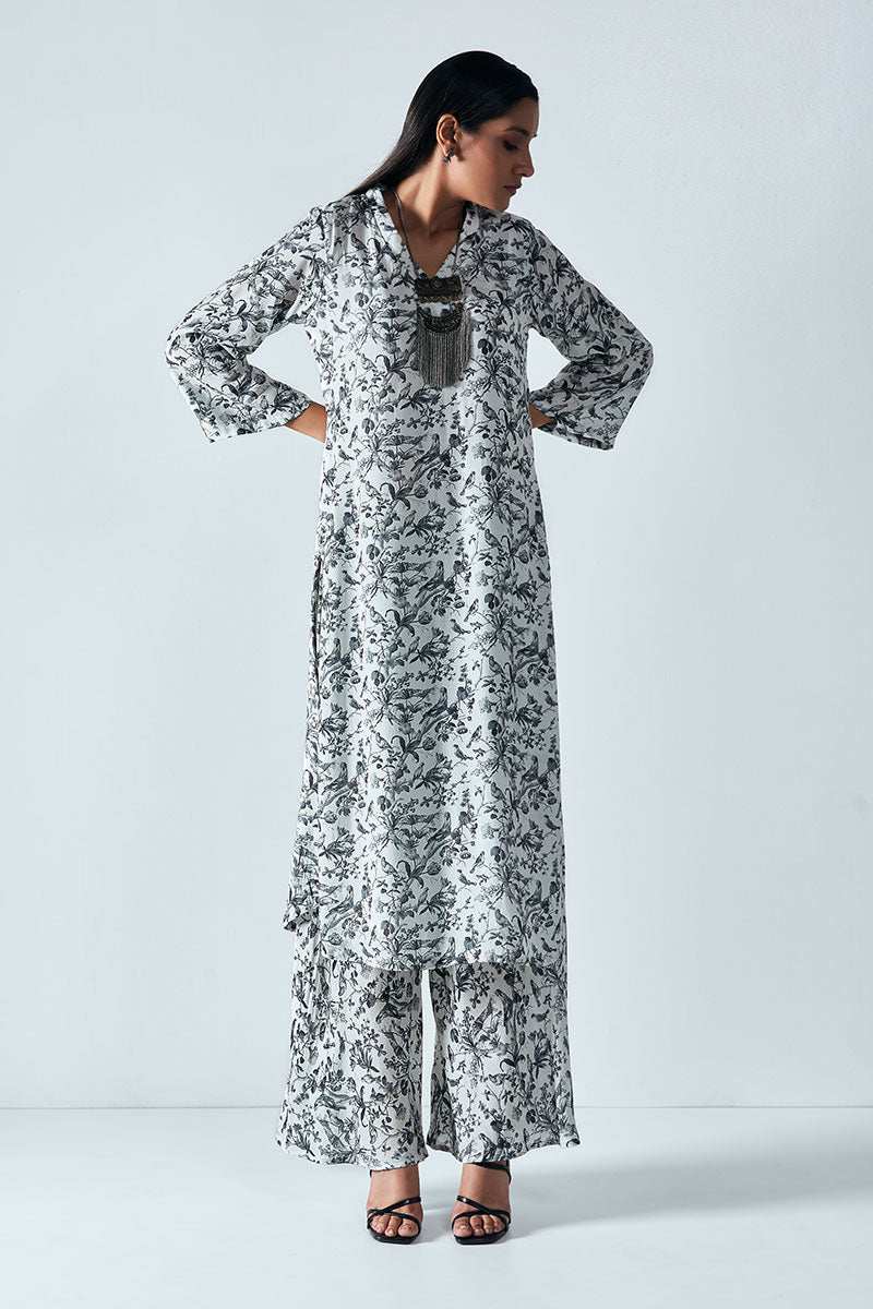 White and Black Viscose Silk Printed Coord Set