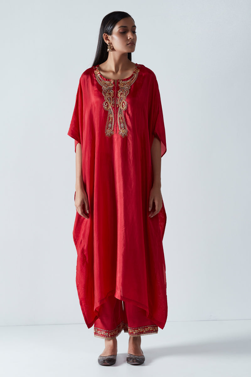 Dark Red Bemberg Tabby Silk Kaftan With Organza Zari Checkered Dupatta