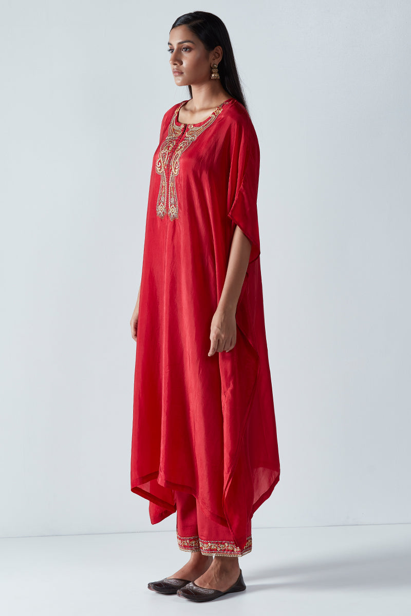 Dark Red Bemberg Tabby Silk Kaftan With Organza Zari Checkered Dupatta