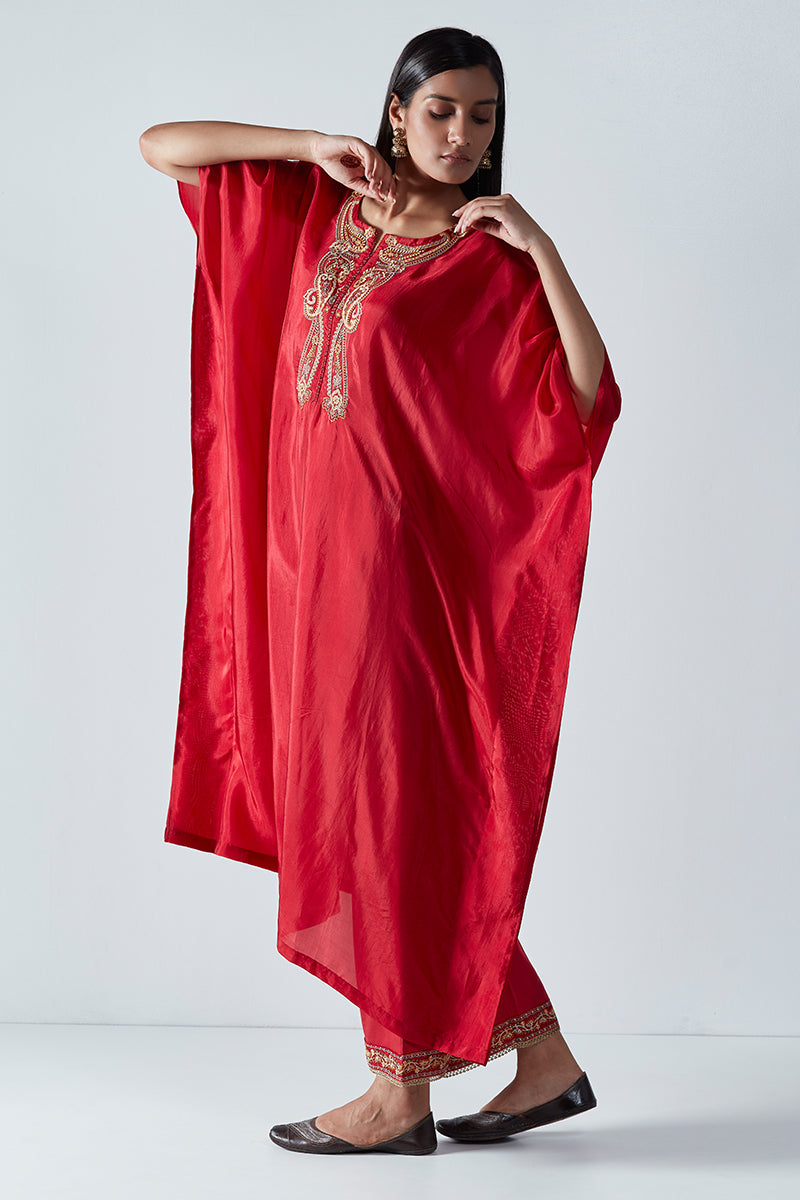 Dark Red Bemberg Tabby Silk Kaftan With Organza Zari Checkered Dupatta