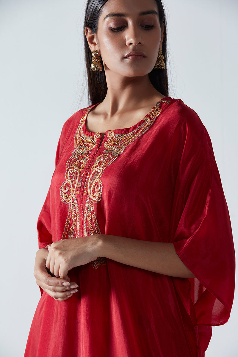 Dark Red Bemberg Tabby Silk Kaftan With Organza Zari Checkered Dupatta