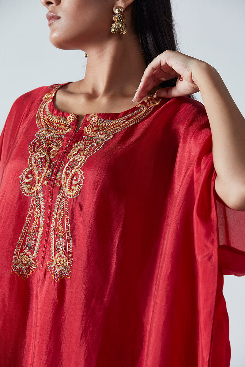 Dark Red Bemberg Tabby Silk Kaftan With Organza Zari Checkered Dupatta