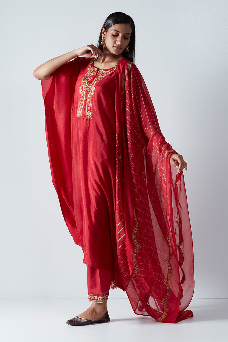 Dark Red Bemberg Tabby Silk Kaftan With Organza Zari Checkered Dupatta