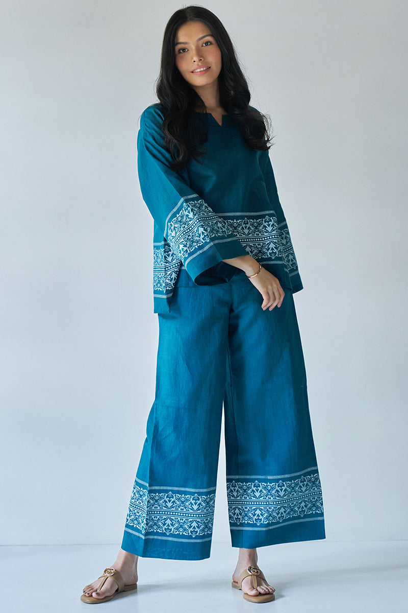 At Ease Teal Blue Cotton Satin Co-ord Set