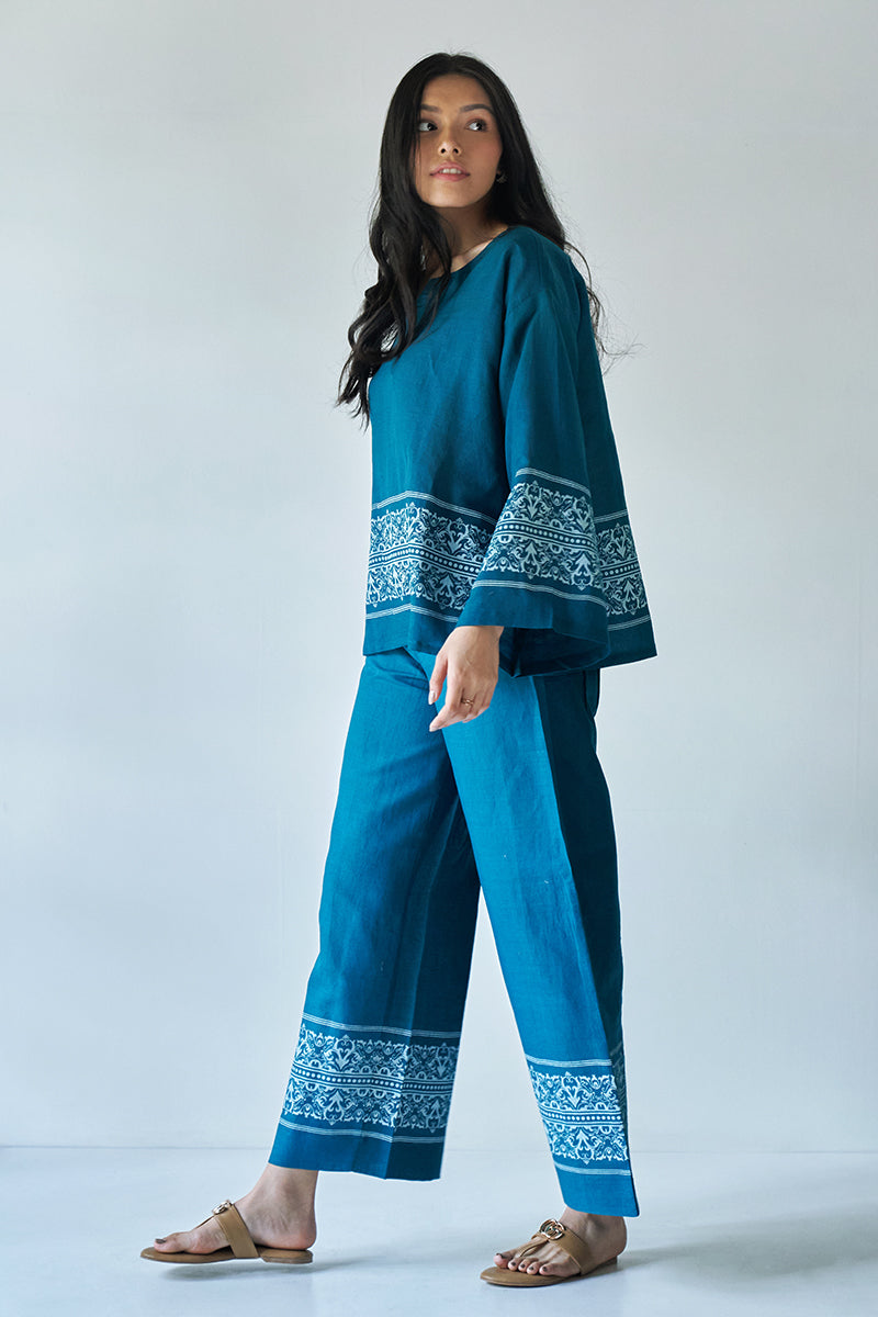 At Ease Teal Blue Cotton Satin Co-ord Set