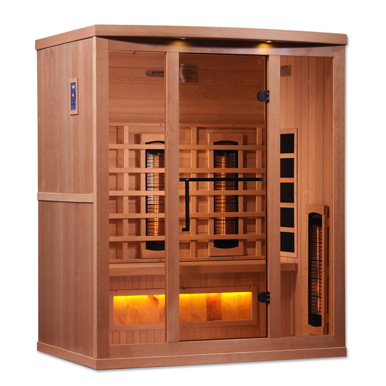 Golden Designs 3-Person Full Spectrum PureTech™ Near Zero EMF FAR Infrared Sauna with Himalayan Salt Bar (Canadian Hemlock)