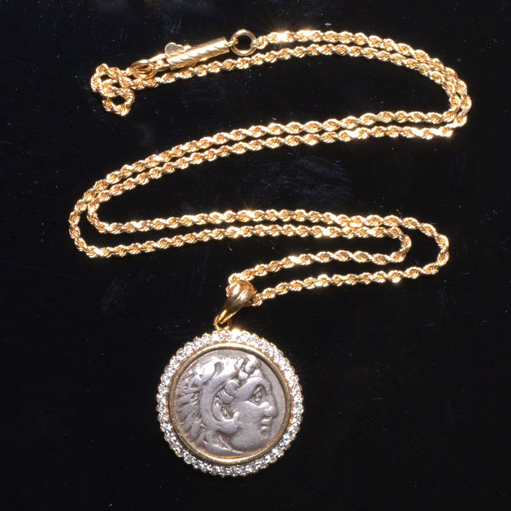 Alexander the Great Silver Drachm (c. 336 - 323 BCE) set in a gold & diamond necklace