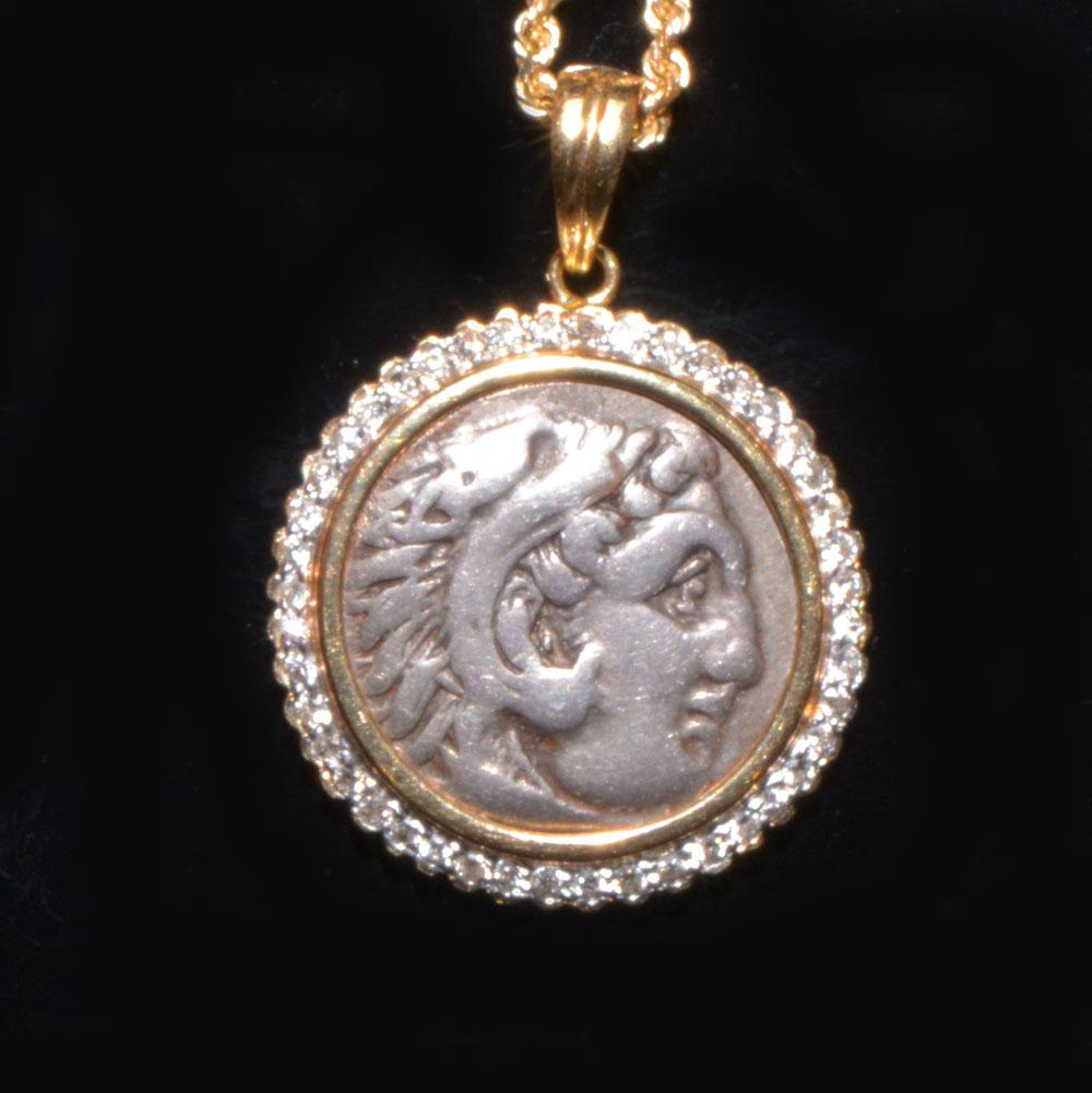 Alexander the Great Silver Drachm (c. 336 - 323 BCE) set in a gold & diamond necklace