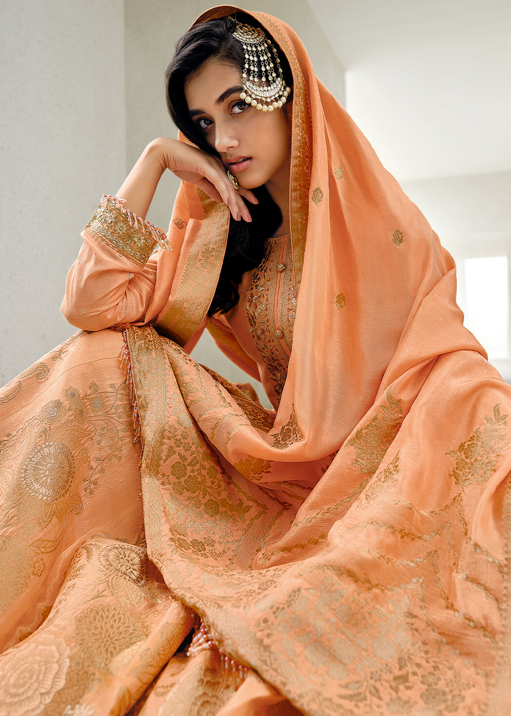 Melon Orange Designer Embroidered Viscose Woven Salwar Suit : Top Pick