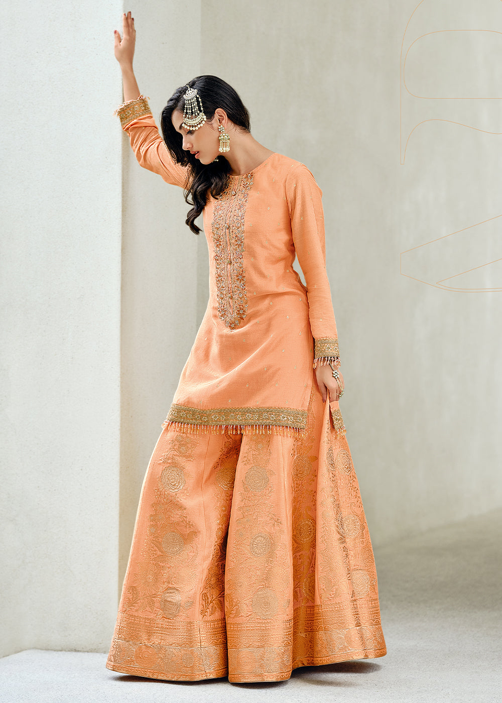 Melon Orange Designer Embroidered Viscose Woven Salwar Suit : Top Pick