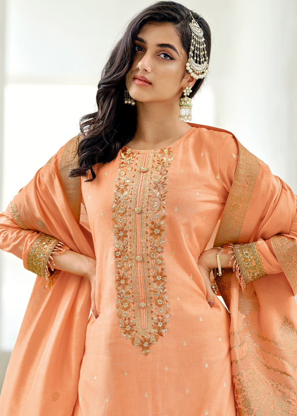 Melon Orange Designer Embroidered Viscose Woven Salwar Suit : Top Pick