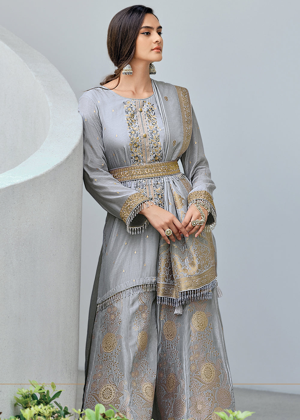 Dolphin Grey Designer Embroidered Viscose Woven Salwar Suit : Top Pick