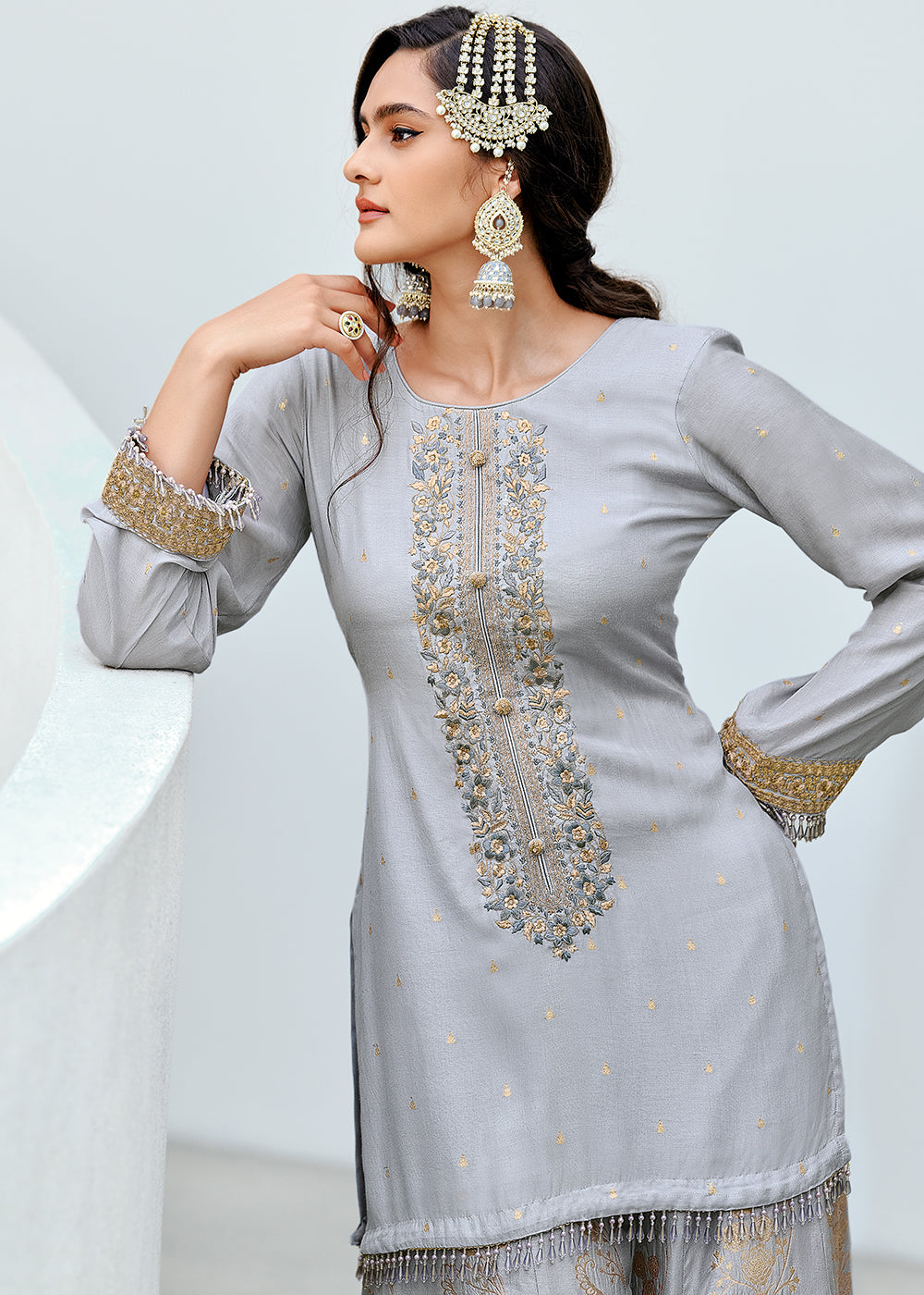 Dolphin Grey Designer Embroidered Viscose Woven Salwar Suit : Top Pick