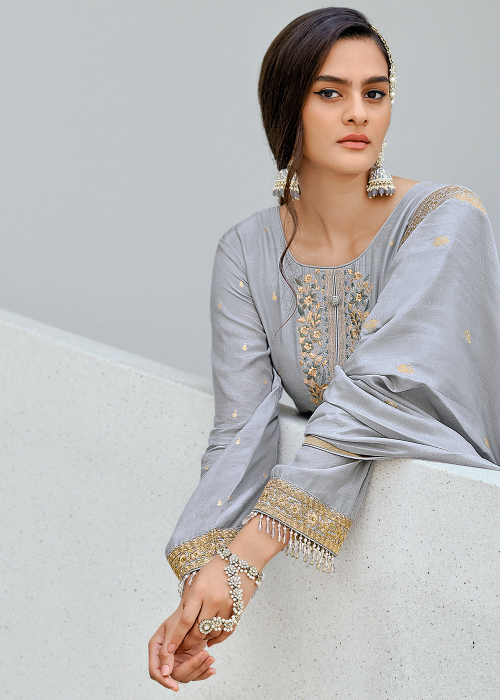 Dolphin Grey Designer Embroidered Viscose Woven Salwar Suit : Top Pick