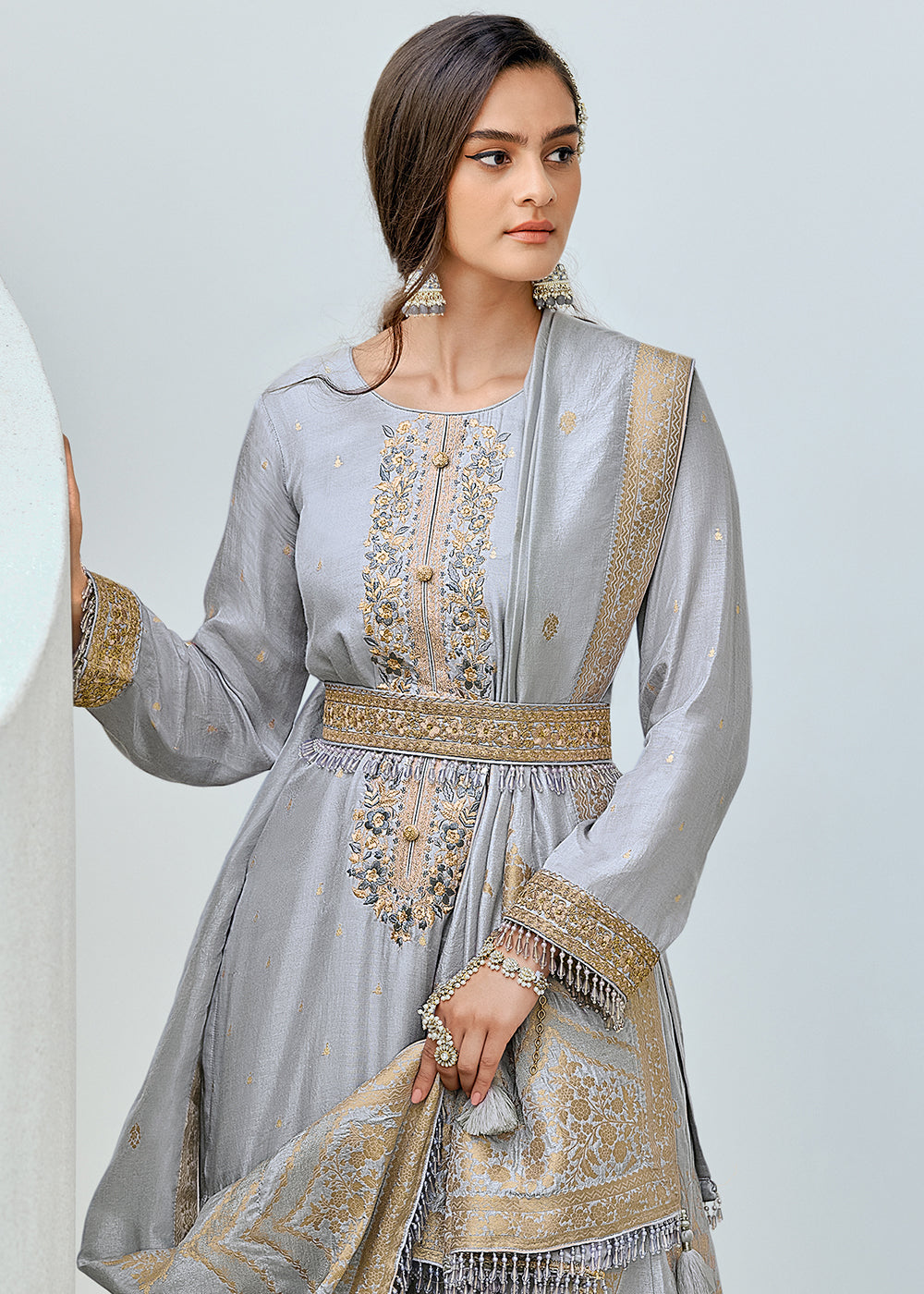 Dolphin Grey Designer Embroidered Viscose Woven Salwar Suit : Top Pick