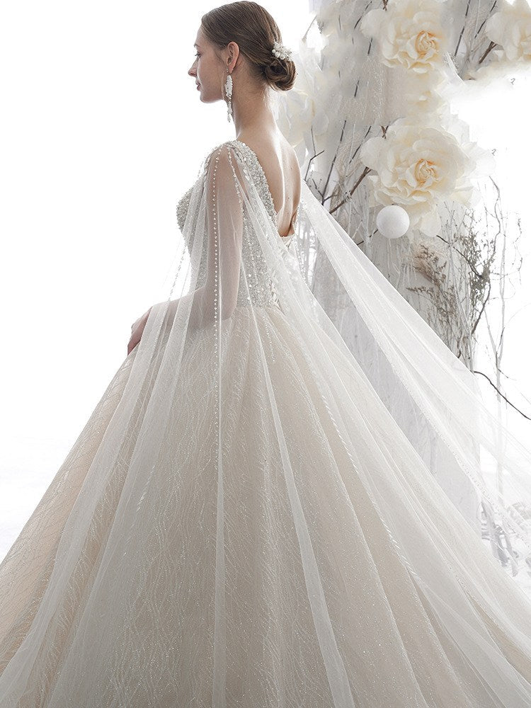 Glitter Light Champagne Plunge V Neck Sleeveless Ball Gown Wedding Dress #21011209