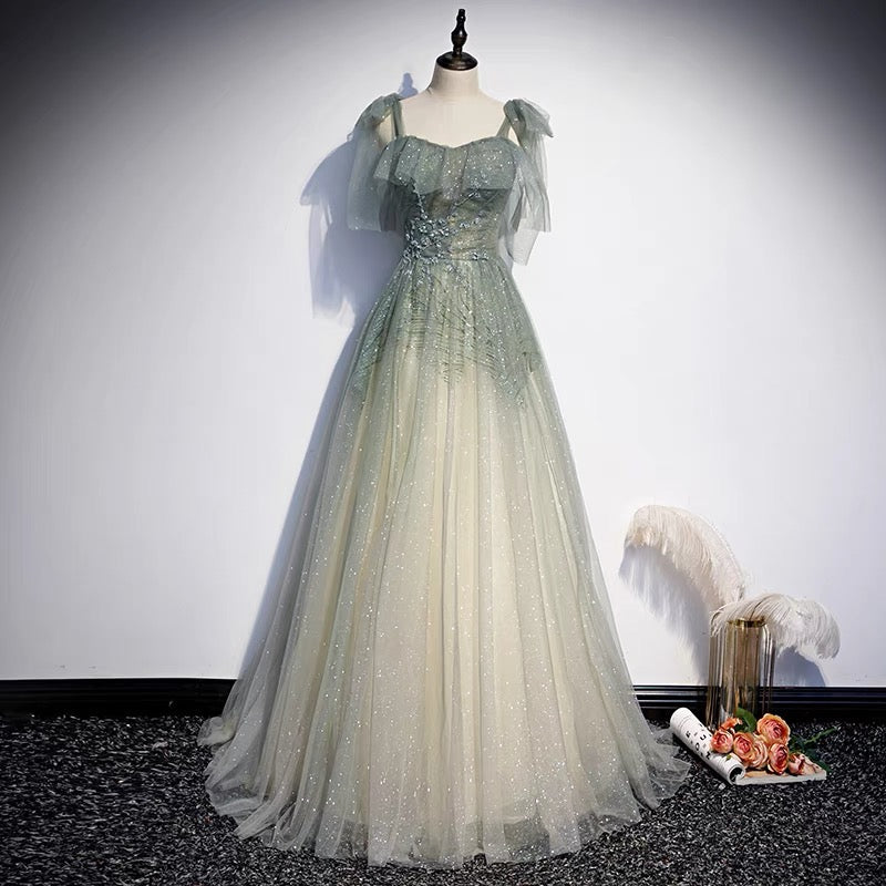 Glitter Gradient Sage Green Tulle Prom Dress