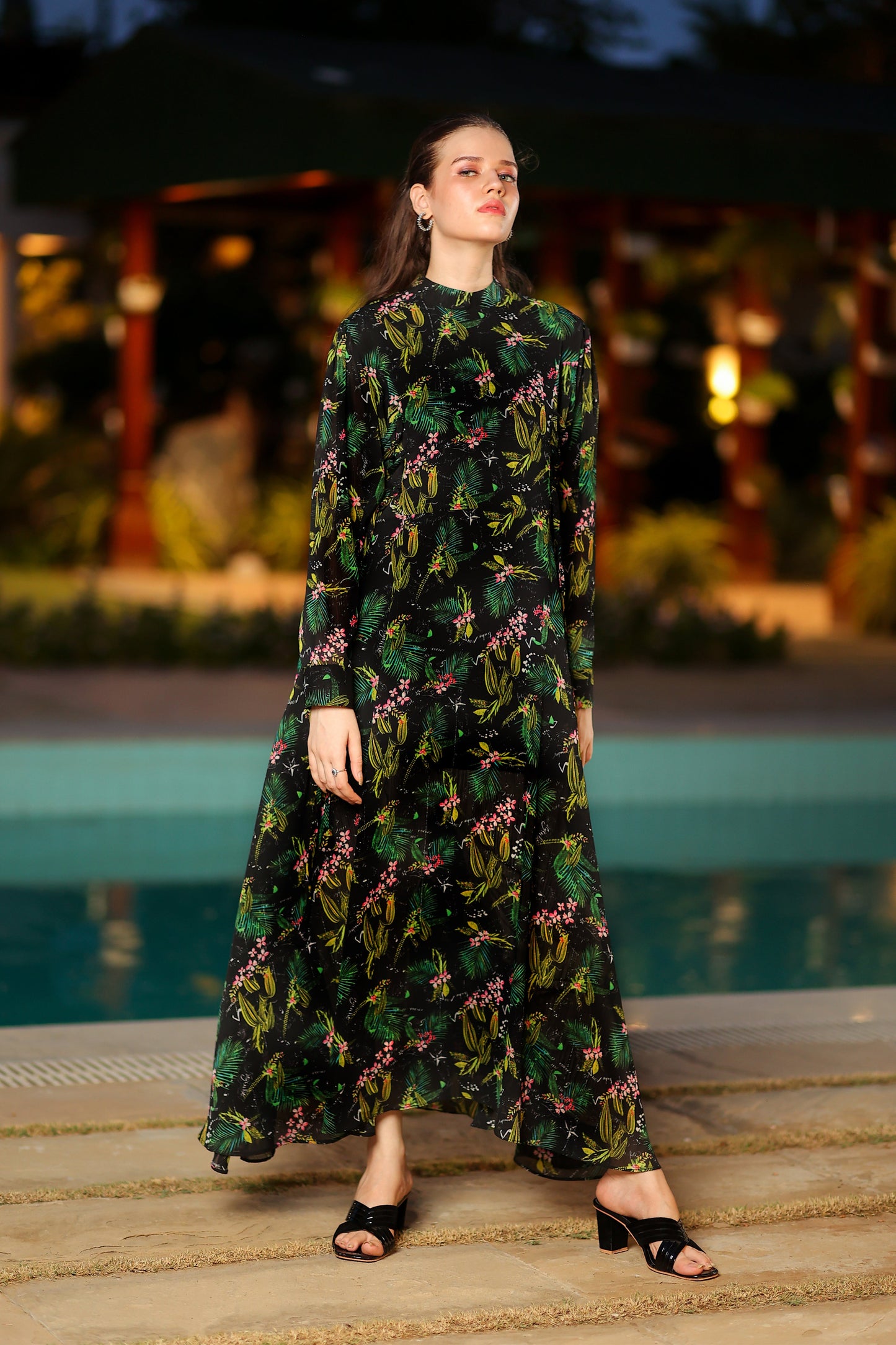 Black Tropical Side-laced Maxi Dress