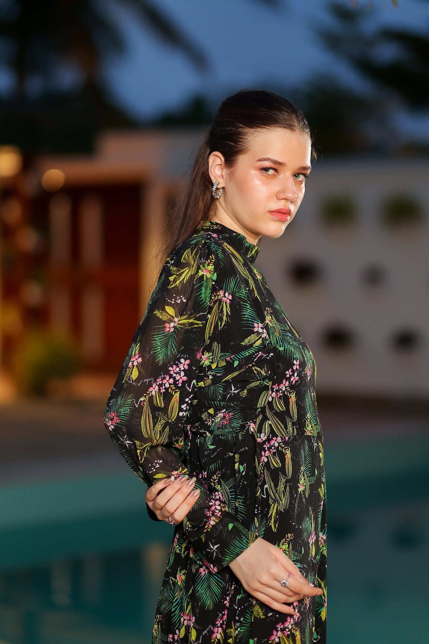 Black Tropical Side-laced Maxi Dress