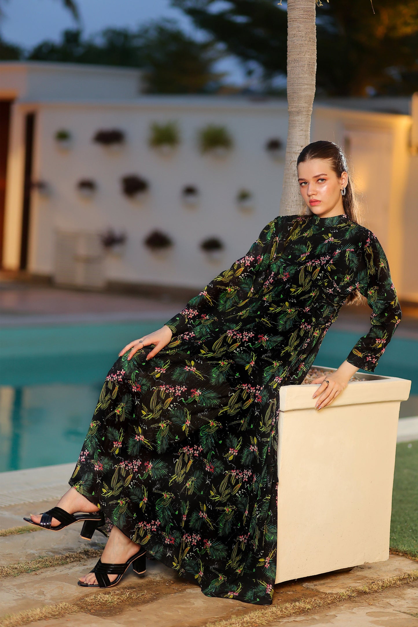 Black Tropical Side-laced Maxi Dress