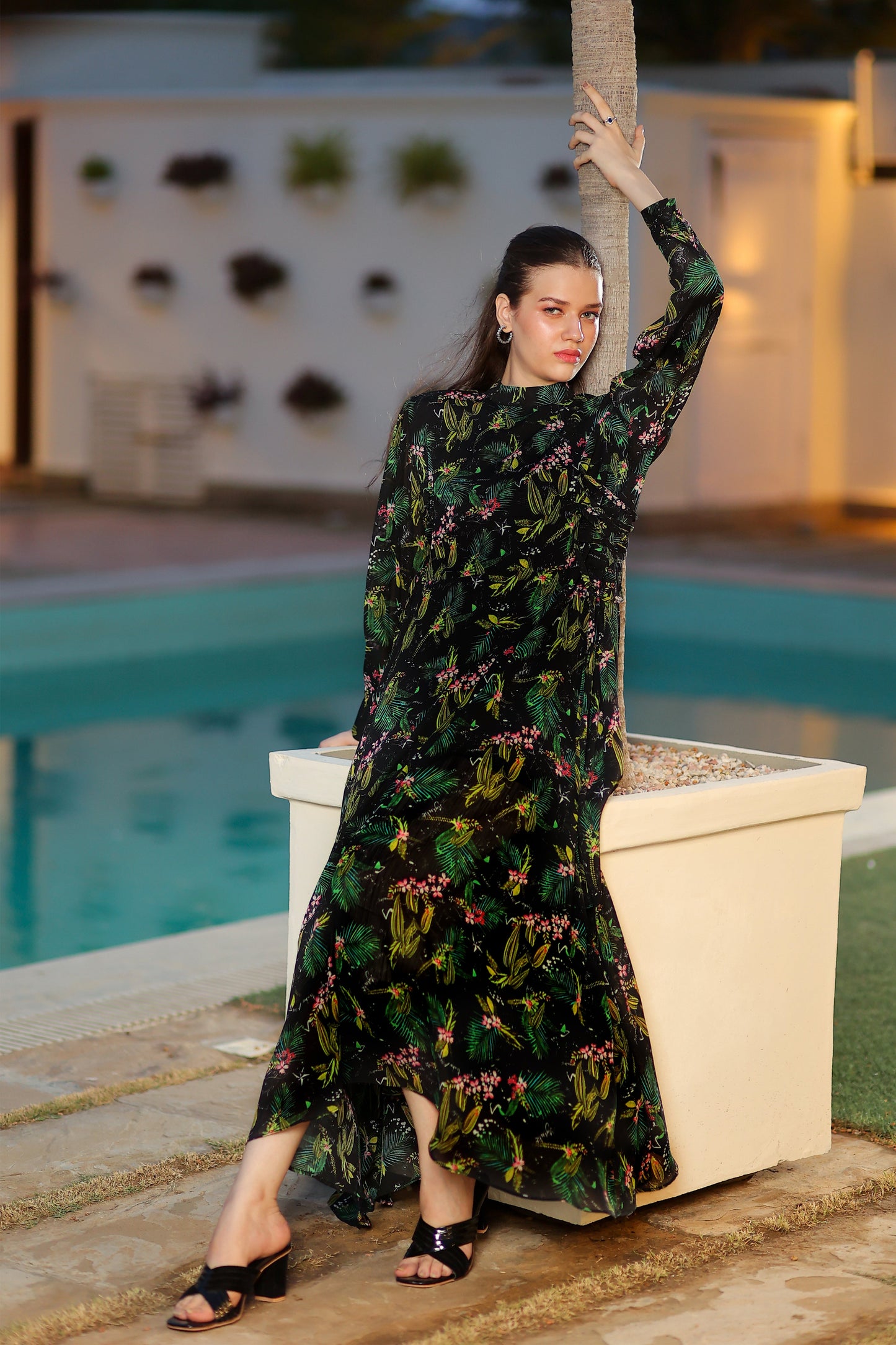 Black Tropical Side-laced Maxi Dress