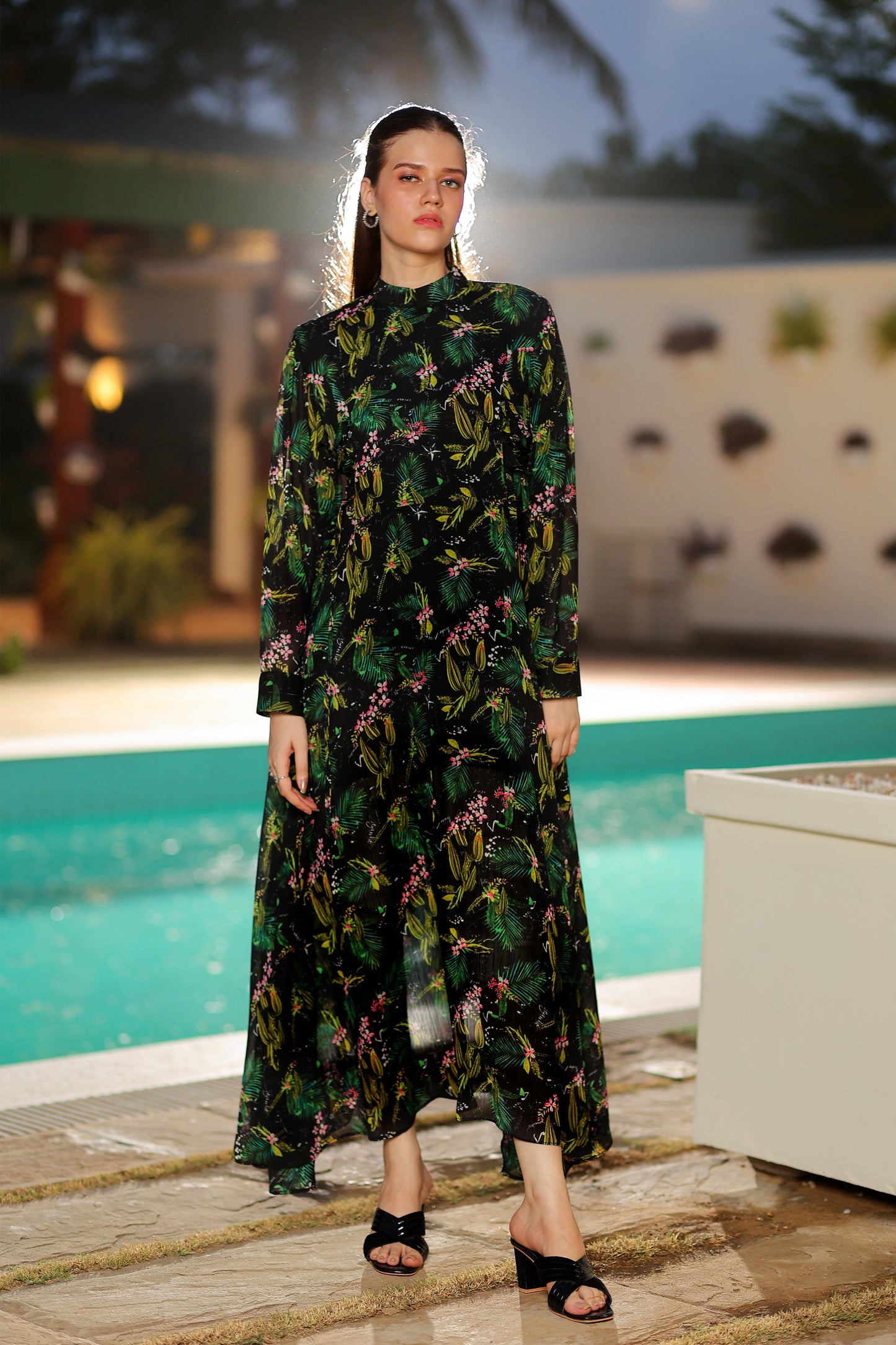 Black Tropical Side-laced Maxi Dress