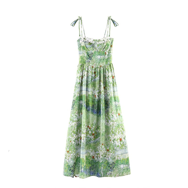 Green Van Gog Oil Painting Summer Dress