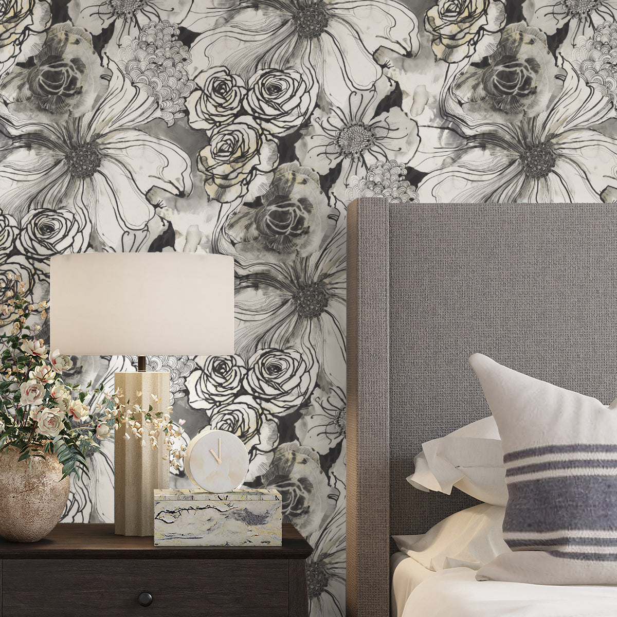 Ink Rose Peel-and-Stick Wallpaper in Onyx by Harry & Grace