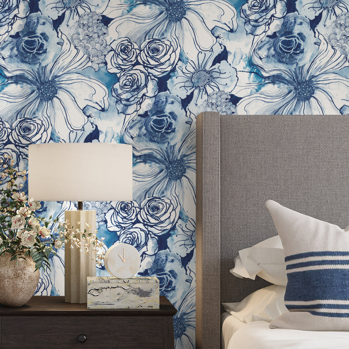 Ink Rose Peel-and-Stick Wallpaper in Celtic Blue by Harry & Grace
