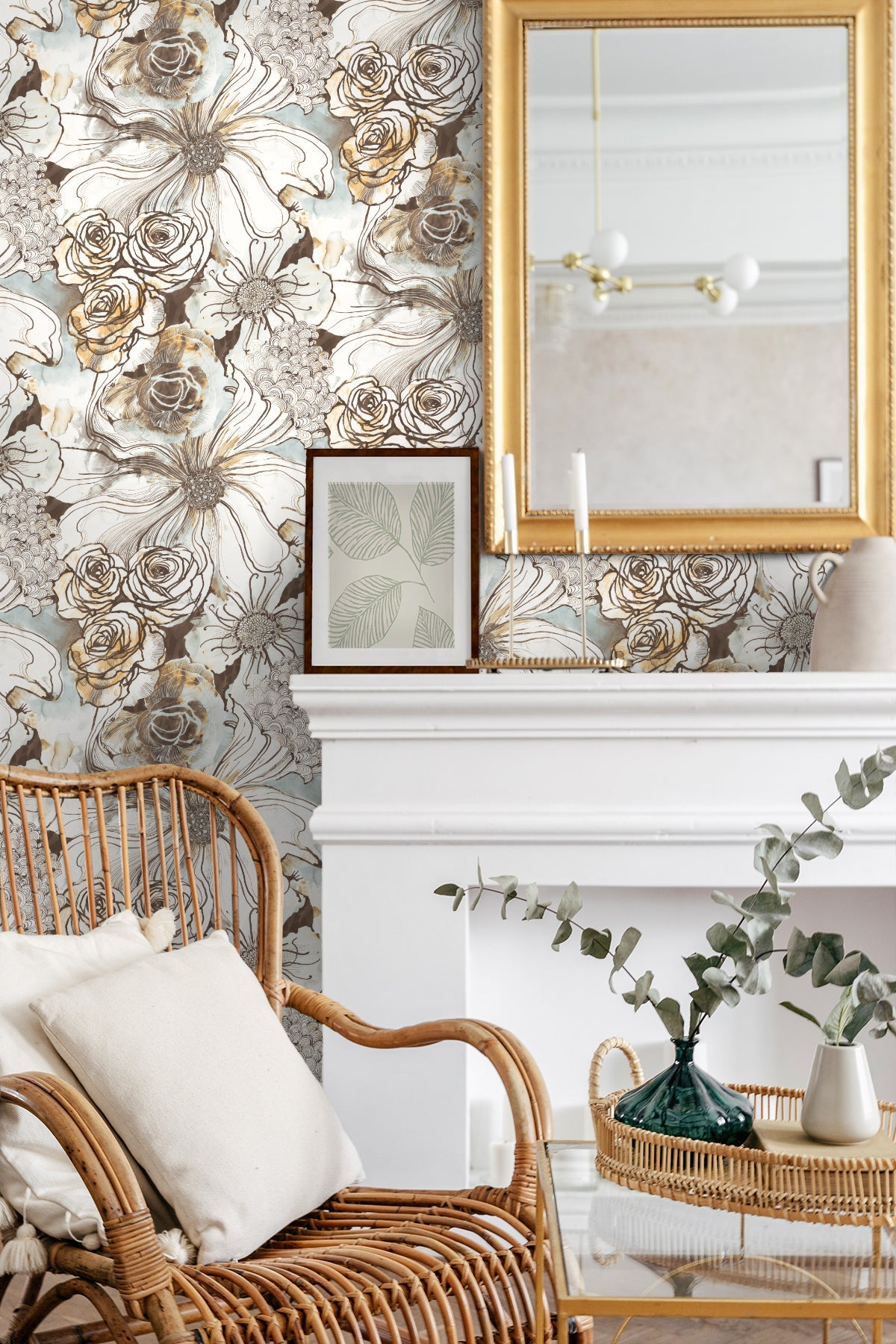 Ink Rose Peel-and-Stick Wallpaper in Mocha/Blue Mist by Harry & Grace