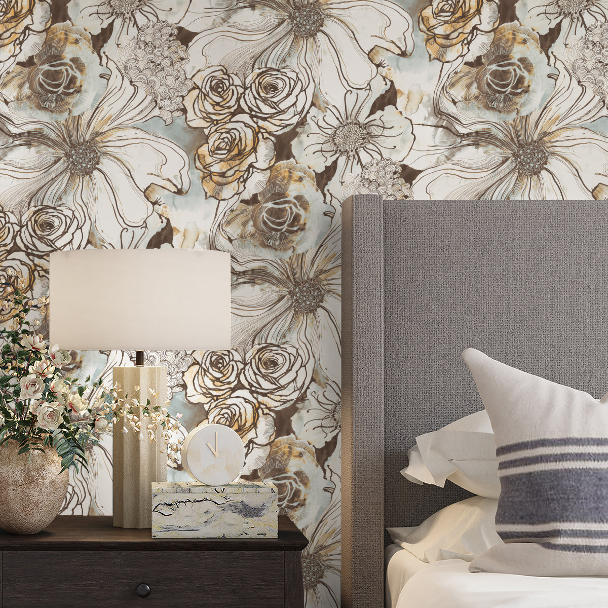 Ink Rose Peel-and-Stick Wallpaper in Mocha/Blue Mist by Harry & Grace