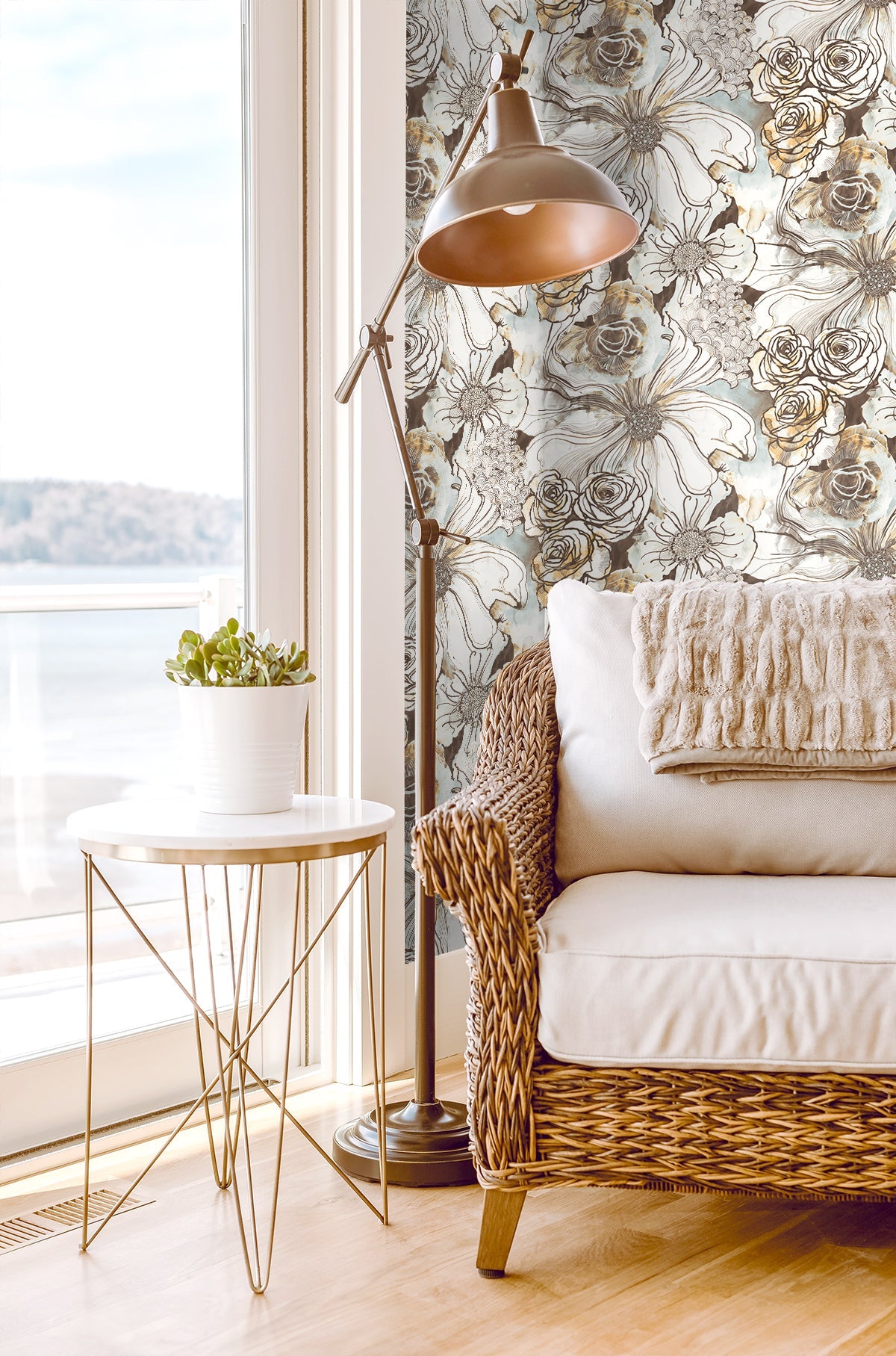 Ink Rose Peel-and-Stick Wallpaper in Mocha/Blue Mist by Harry & Grace