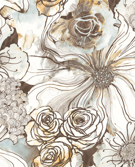 Ink Rose Peel-and-Stick Wallpaper in Mocha/Blue Mist by Harry & Grace