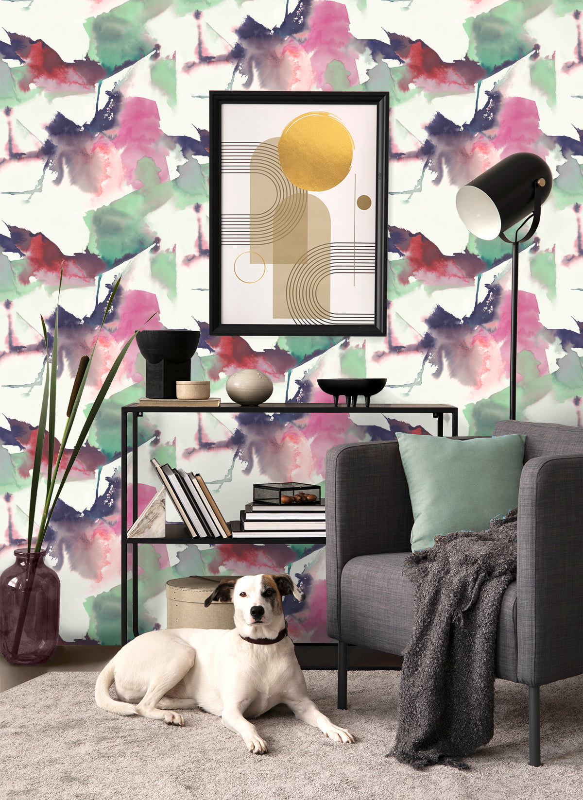 Watercolor Block Peel-and-Stick Wallpaper in Fuchsia/Mint Green by Harry & Grace